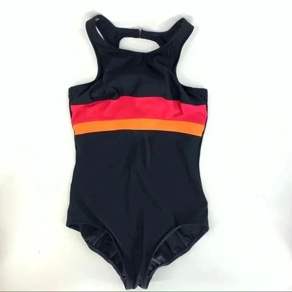 Lands End High neck color block one piece racer back swimsuit